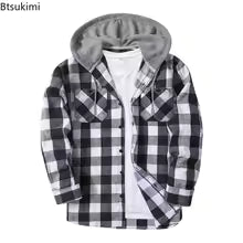 Men's Flannel Shirt Jacket, Classic Plaid Loose Casual Hooded Coat, Double Pockets Button-Up, Spring & Autumn