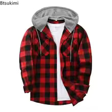 Men's Flannel Shirt Jacket, Classic Plaid Loose Casual Hooded Coat, Double Pockets Button-Up, Spring & Autumn