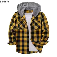 Men's Flannel Shirt Jacket, Classic Plaid Loose Casual Hooded Coat, Double Pockets Button-Up, Spring & Autumn