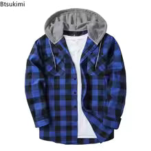 Men's Flannel Shirt Jacket, Classic Plaid Loose Casual Hooded Coat, Double Pockets Button-Up, Spring & Autumn