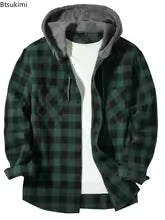 Men's Flannel Shirt Jacket, Classic Plaid Loose Casual Hooded Coat, Double Pockets Button-Up, Spring & Autumn